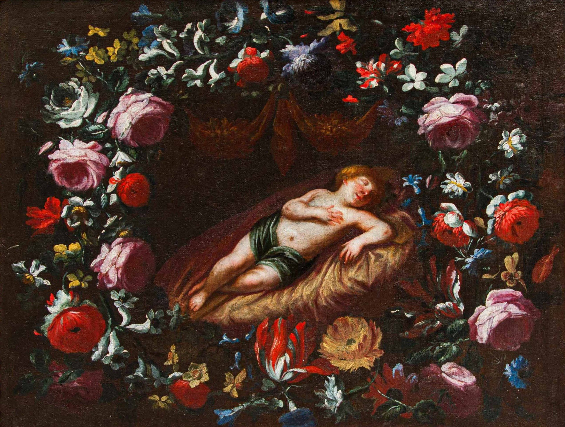 Pier Francesco Cittadini (Milan, 1616 – Bologna, September 20, 1681), attr., Garland with Sleeping Christ Child
